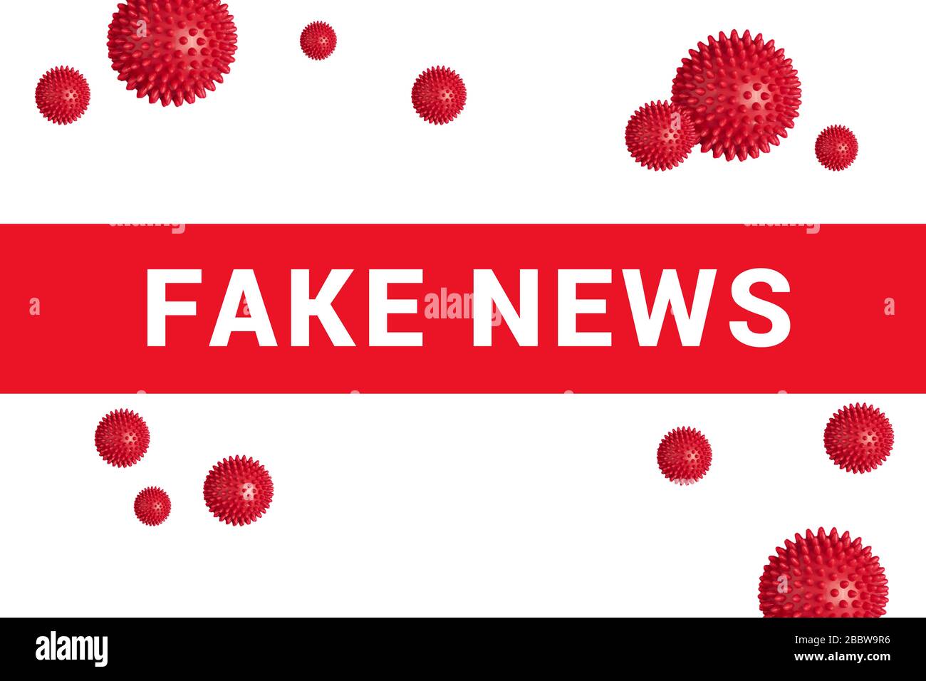 Red headline with inscription FAKE NEWS on white with abstract COVID-19 virus strain model. Various media and social speculations during the coronavirus pandemic Stock Photo