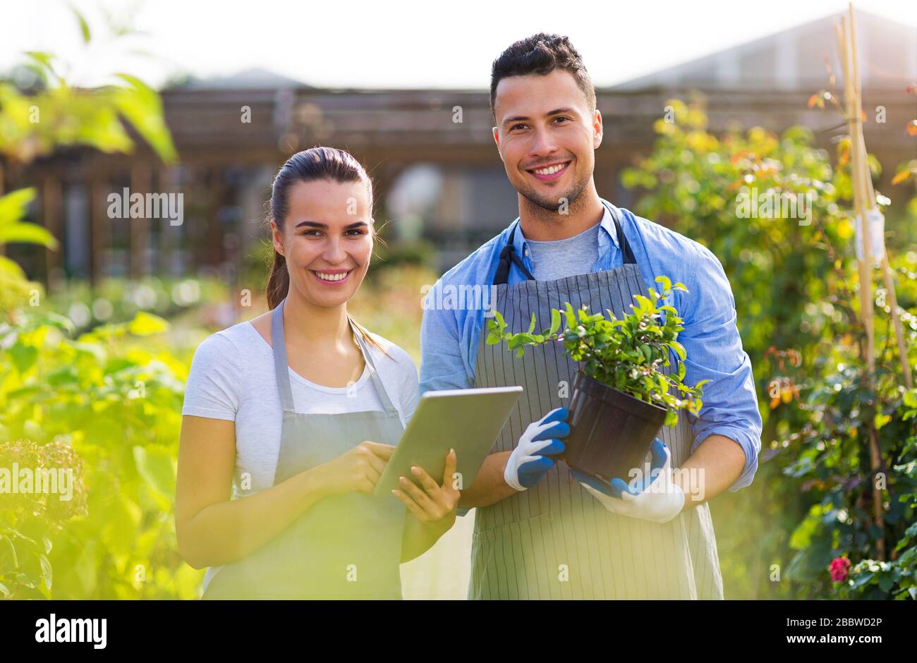 Smiling employees in garden center Stock Photo - Alamy