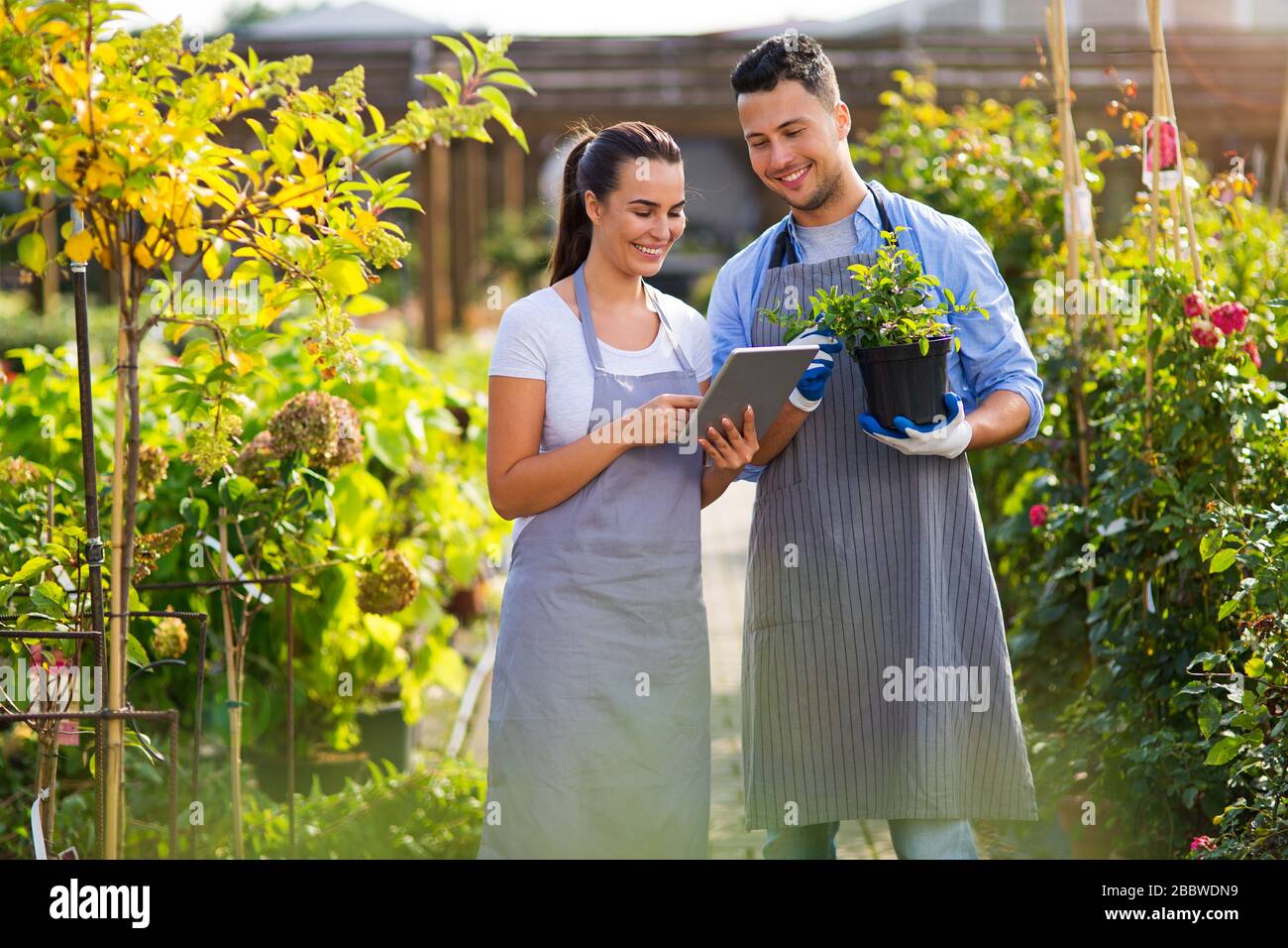 Smiling employees in garden center Stock Photo