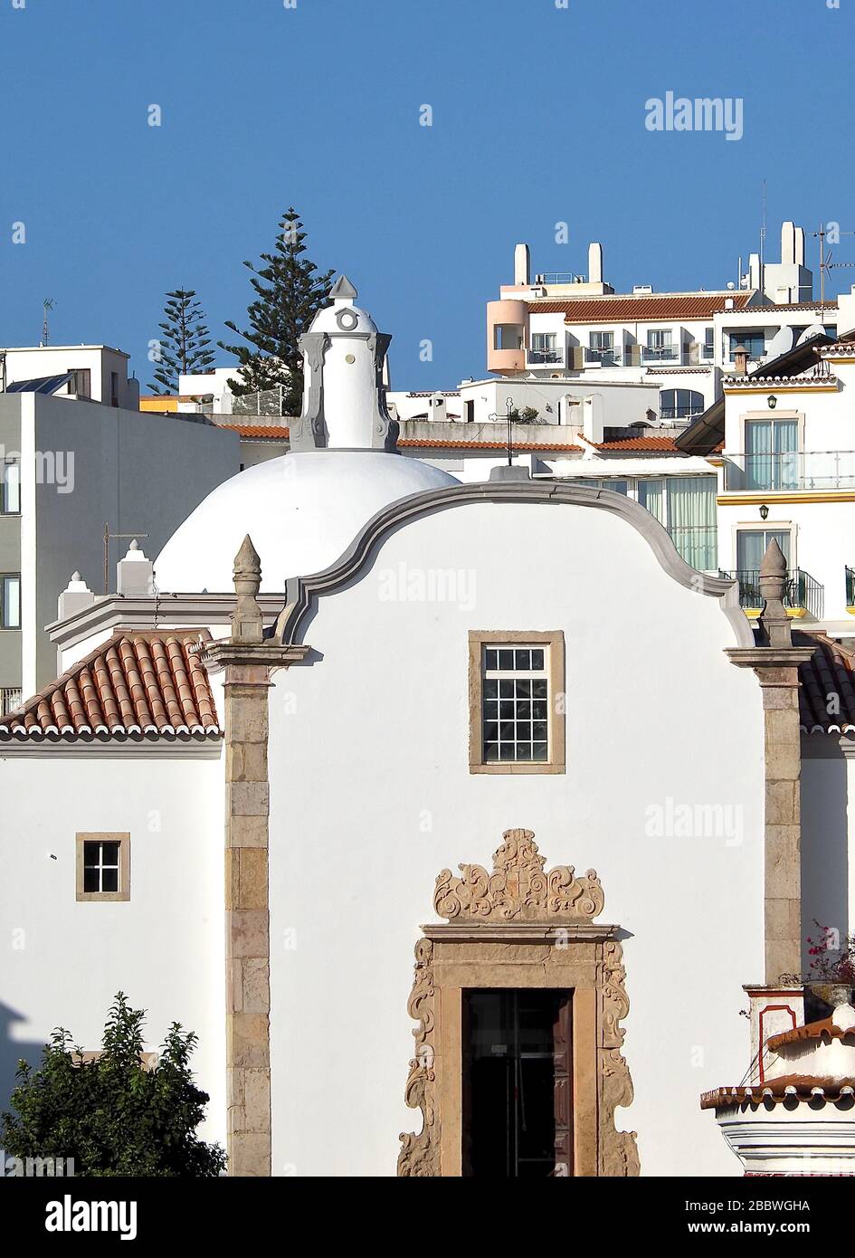 White church in Albufeira at the Algarve coast of Portugal Stock Photo