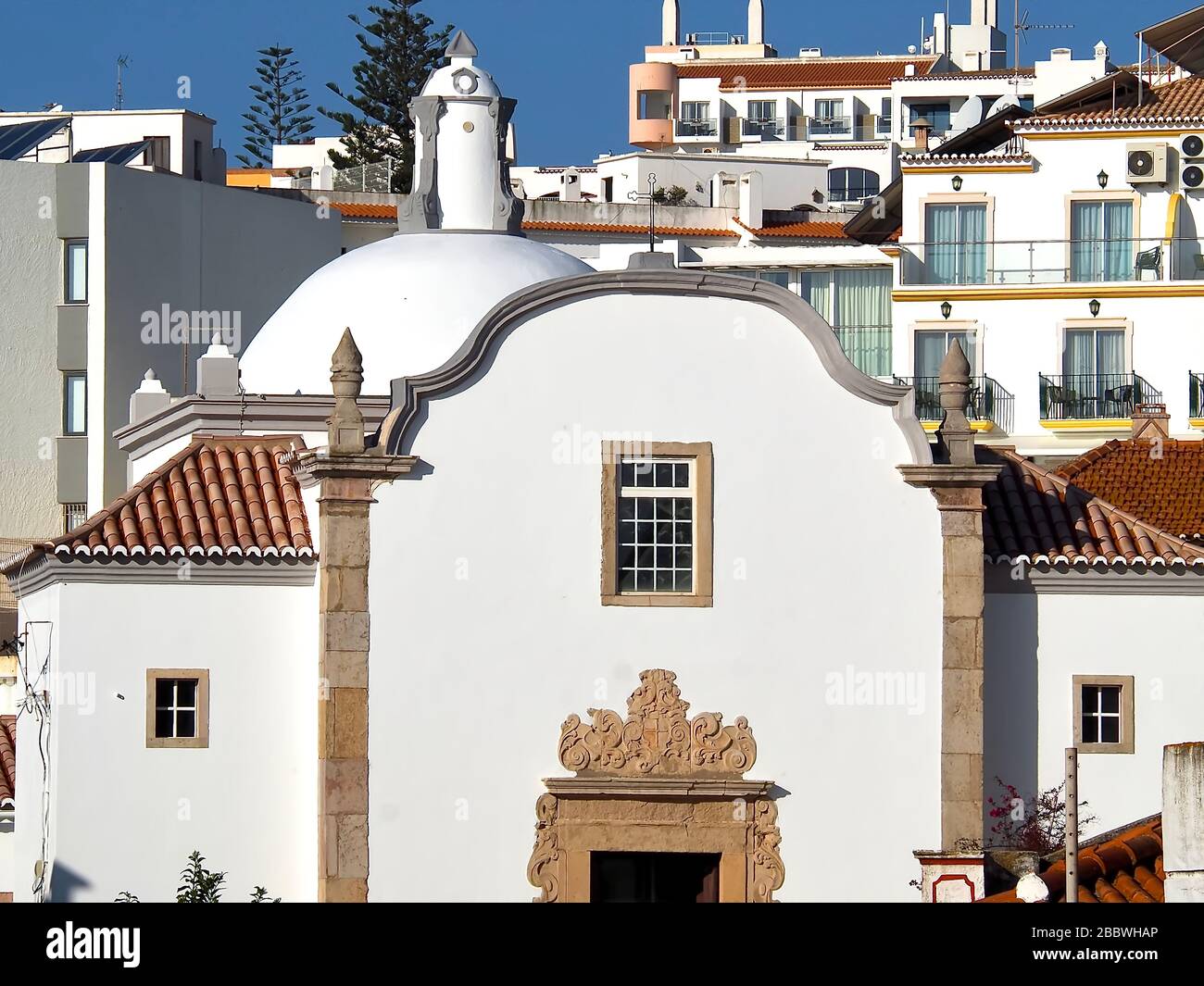White church in Albufeira at the Algarve coast of Portugal Stock Photo
