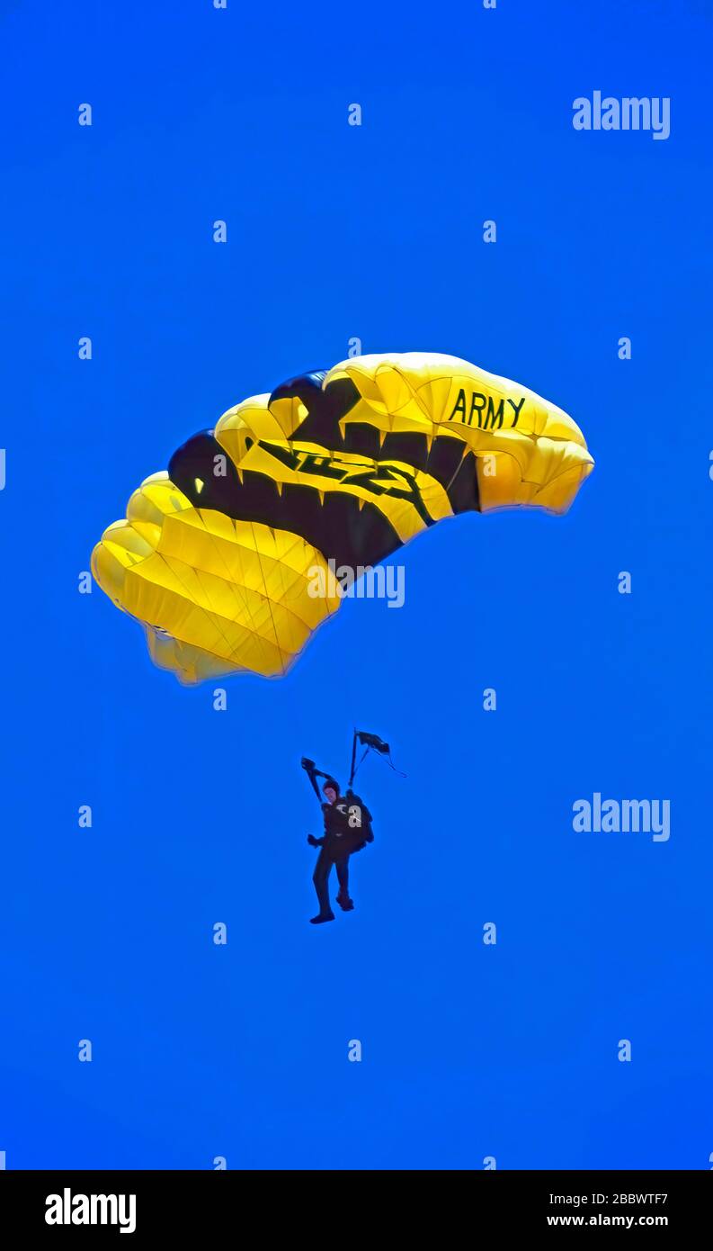 Camp Springs Maryland,  USA, May 16, 1992 A member of the US ArmyÕs Golden Knights Parachute team demonstrated some of the skills of the Sport Parachute Team during the annual air show at Andrews Air Force Base Stock Photo