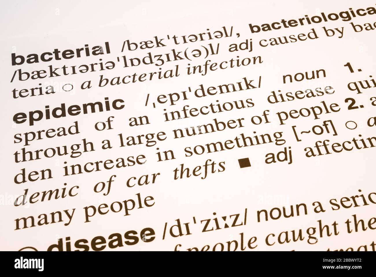Bacterial, epidemic and disease words meaning and definition text in English dictionary, Close up text of bacterial, epidemic and disease words Stock Photo