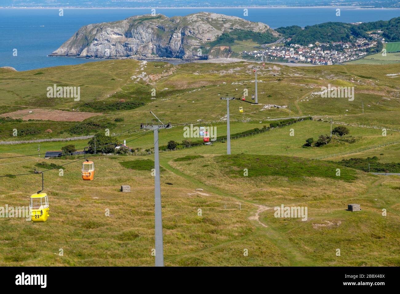 Llandudno cable cars ascending the Great Orme in the seaside resort of Llandudno in Conwy County Borough, Wales. The longest cable car in Britain. Stock Photo