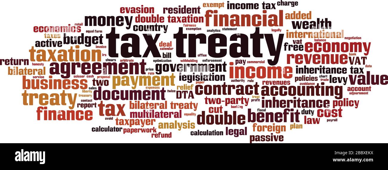 Tax treaty word cloud concept. Collage made of words about tax treaty. Vector illustration Stock Vector