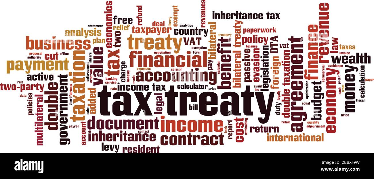 Tax treaty word cloud concept. Collage made of words about tax treaty. Vector illustration Stock Vector