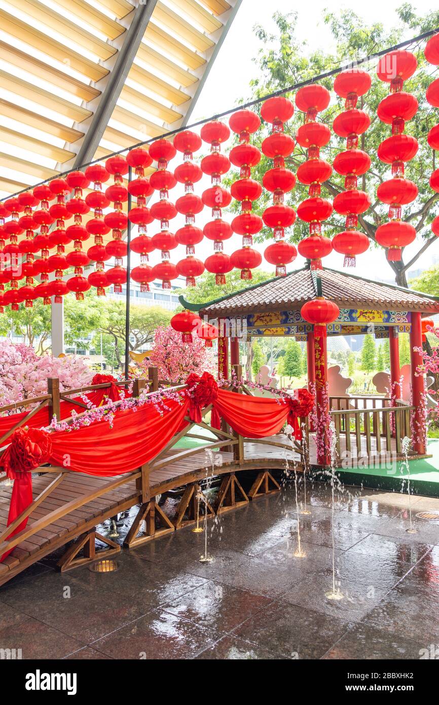 Chinese New Year decorations, Raffles Avenue, Civic District, Central Area, Singapore Stock Photo