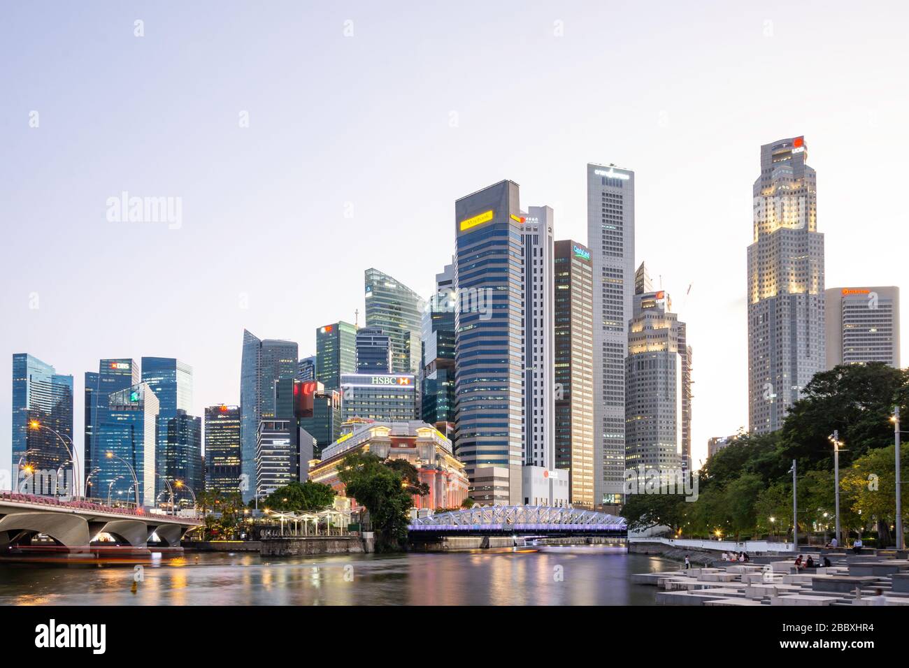 Central Business District (CBD) at dusk from Esplanade, Downtown Core, Central Area, Singapore Stock Photo