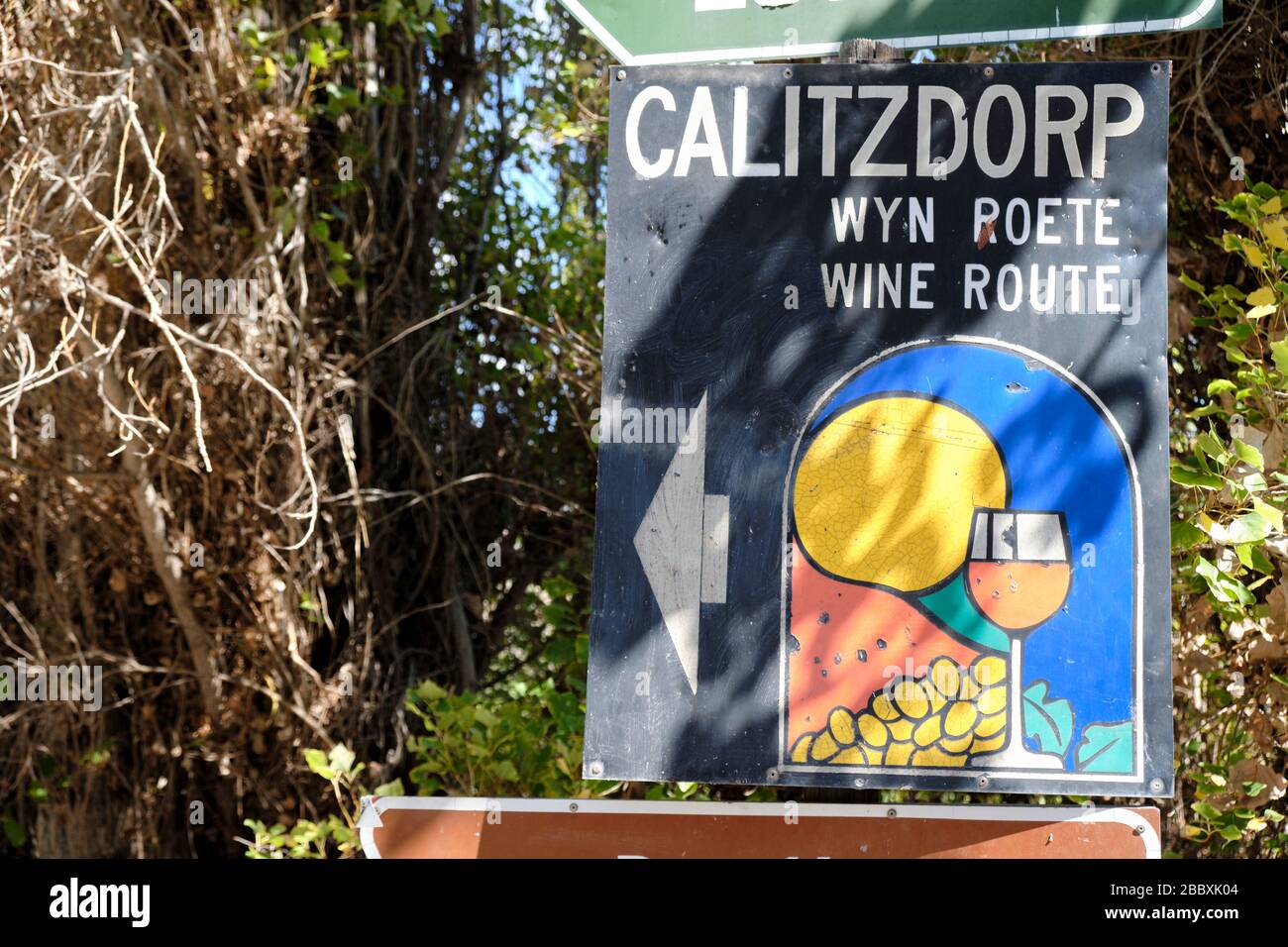 Road sign pointing to the Calitzdorp Wine Route in Calitzdorp to Port capital of South Africa Stock Photo
