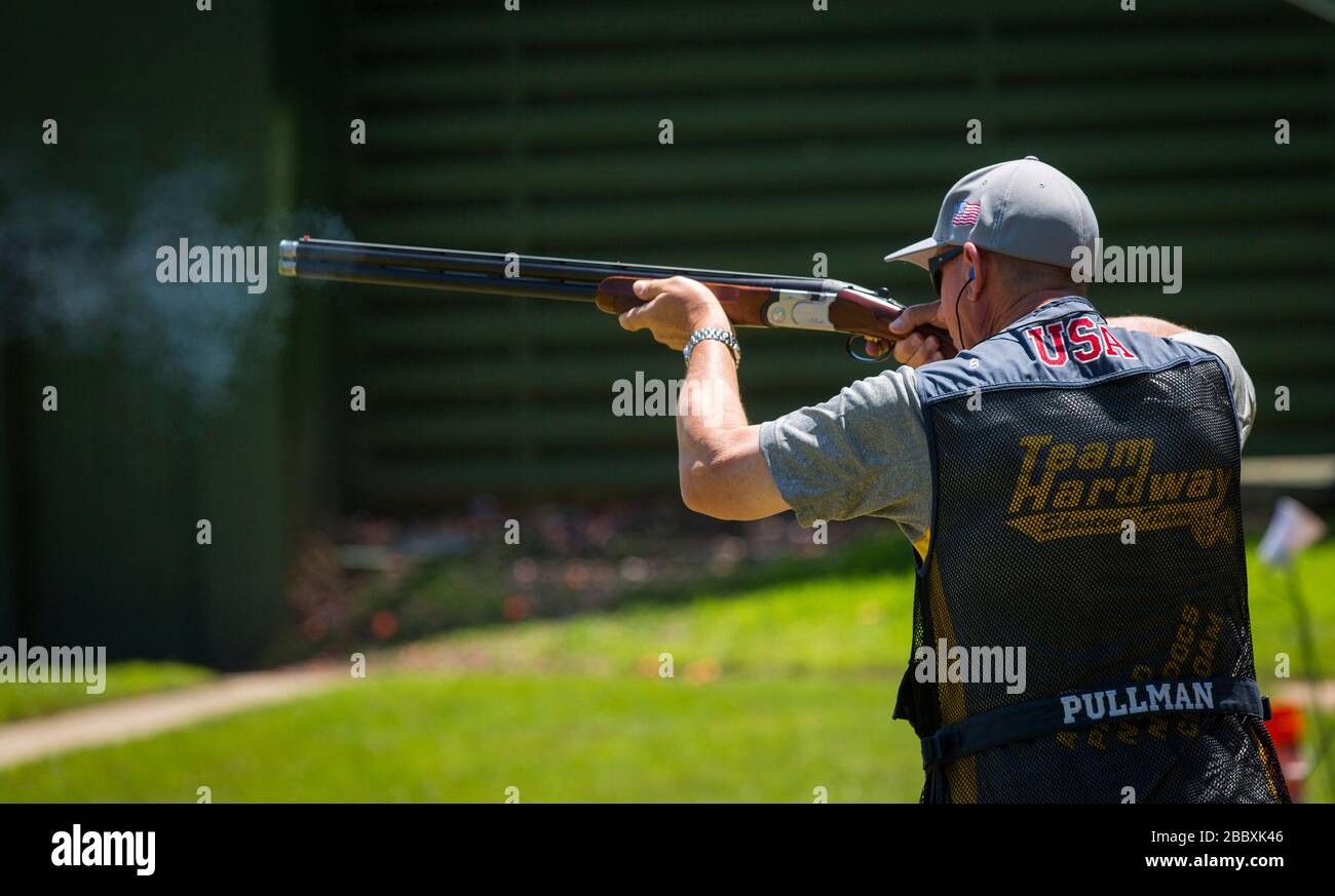 A worker in the CBP's Office of Air and Marine participates in the Trap Shooting event at the World Police and Fire Games in Centreville Virginia. Stock Photo