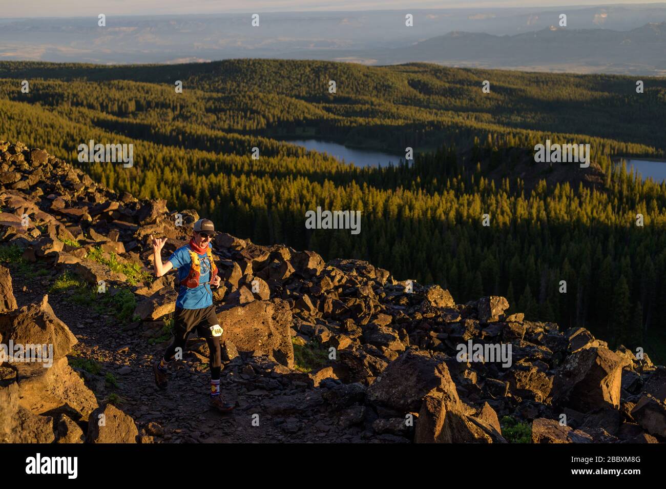 Racer competes in the Grand Mesa 50 miler ultra race in July of 2019. Stock Photo