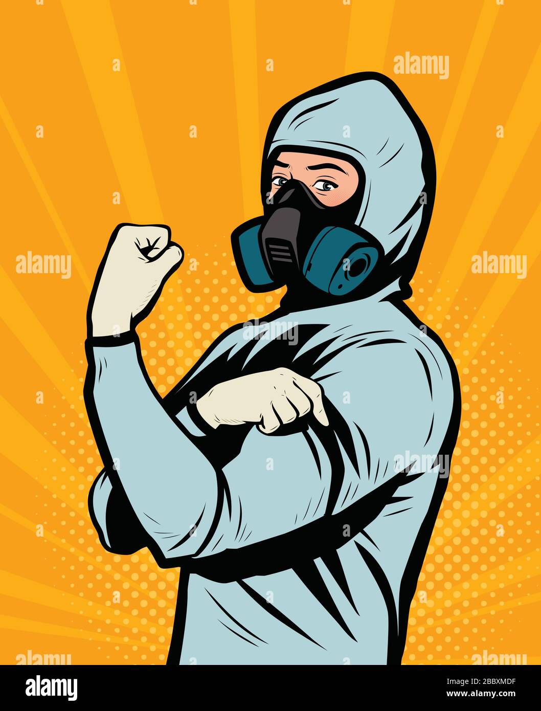 Human in chemical protective suit. Retro comic pop art vector illustration Stock Vector
