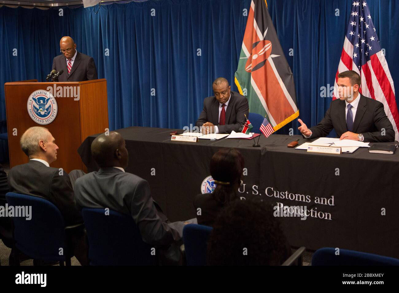 Mr. Henry Rotich, Cabinet Member of the Treasury, Republic of Kenya (left) and Mr. Kevin McAleenan, Acting Deputy Commissioner, Customs and Border Protection (right) sign a Customs Mutual Assistance Agreement at a ceremony in Washington D.C. Stock Photo