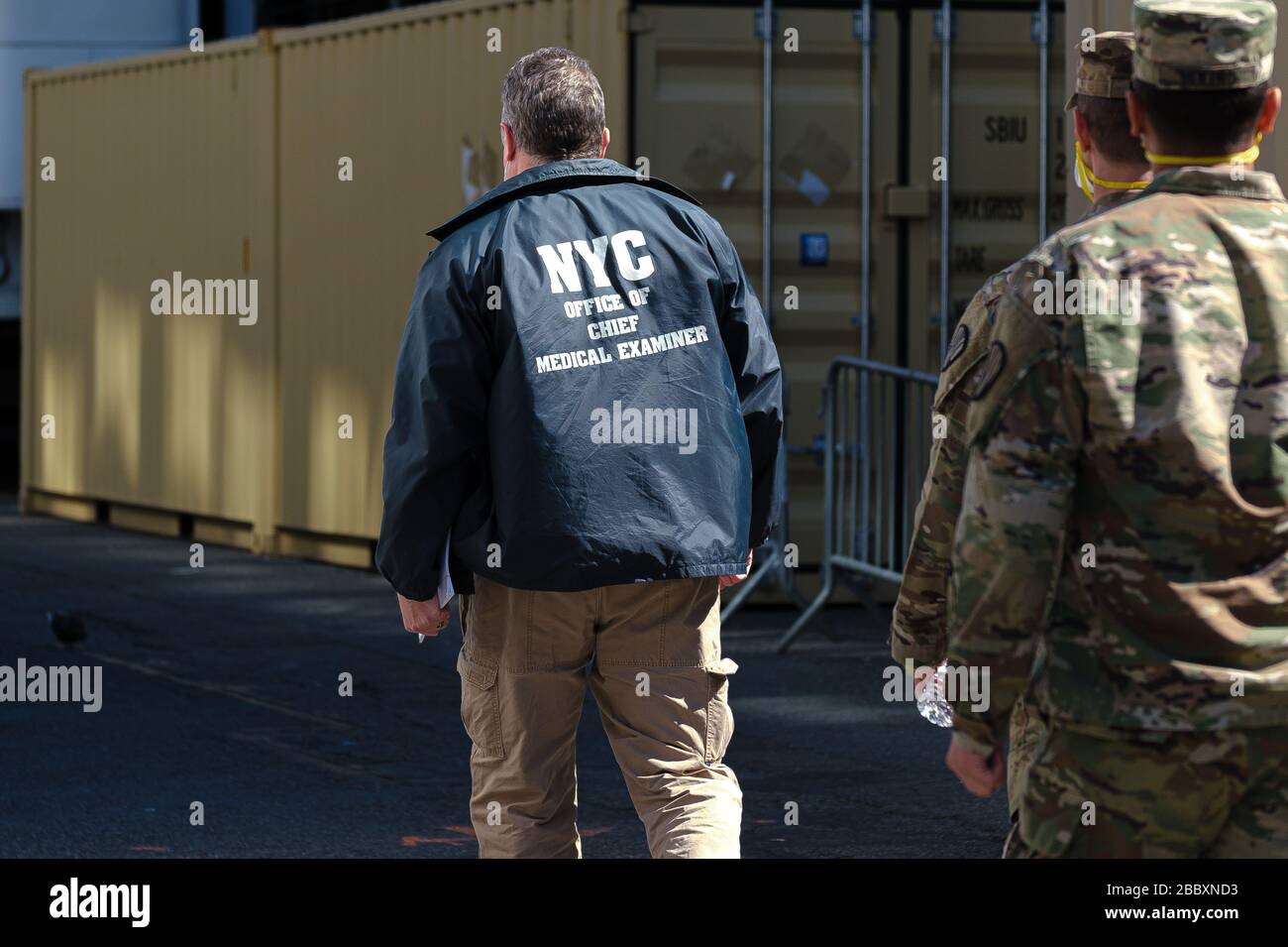 New York, USA. 01st Apr, 2020. A Medical Examiner's Office employee and