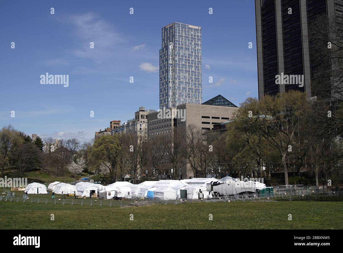 New York, United States. 01st Apr, 2020. A field hospital is ready to take sick patients in Central Park in New York City on Wednesday, April 1, 2020. The tents are located along the East Meadow near Mt. Sinai Hospital and are being used as an overflow medical center. They were erected in 48 hours by the non-profit charity Samaritan's Purse. Photo by John Angelillo/UPI Credit: UPI/Alamy Live News Stock Photo
