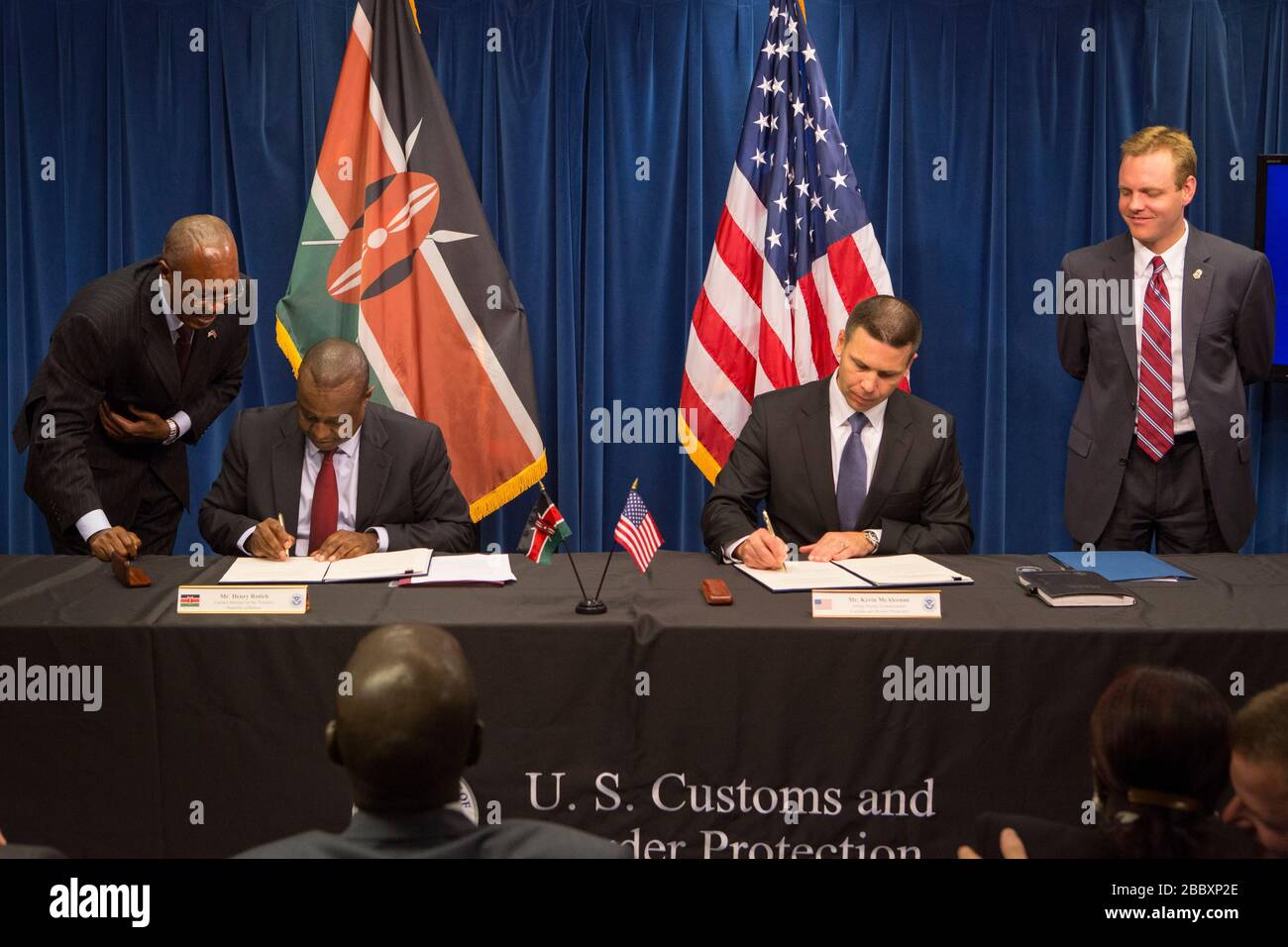 Mr. Henry Rotich, Cabinet Member of the Treasury, Republic of Kenya (left) and Mr. Kevin McAleenan, Acting Deputy Commissioner, Customs and Border Protection (right) sign a Customs Mutual Assistance Agreement at a ceremony in Washington D.C. Stock Photo