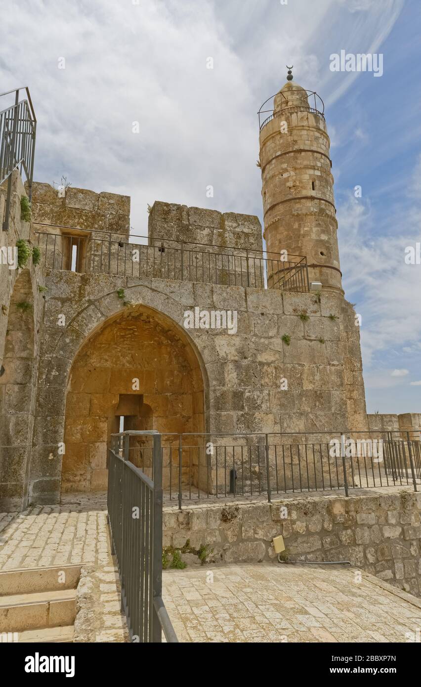 Ottoman minaret in the Tower of David courtyard in Jerusalem Stock Photo
