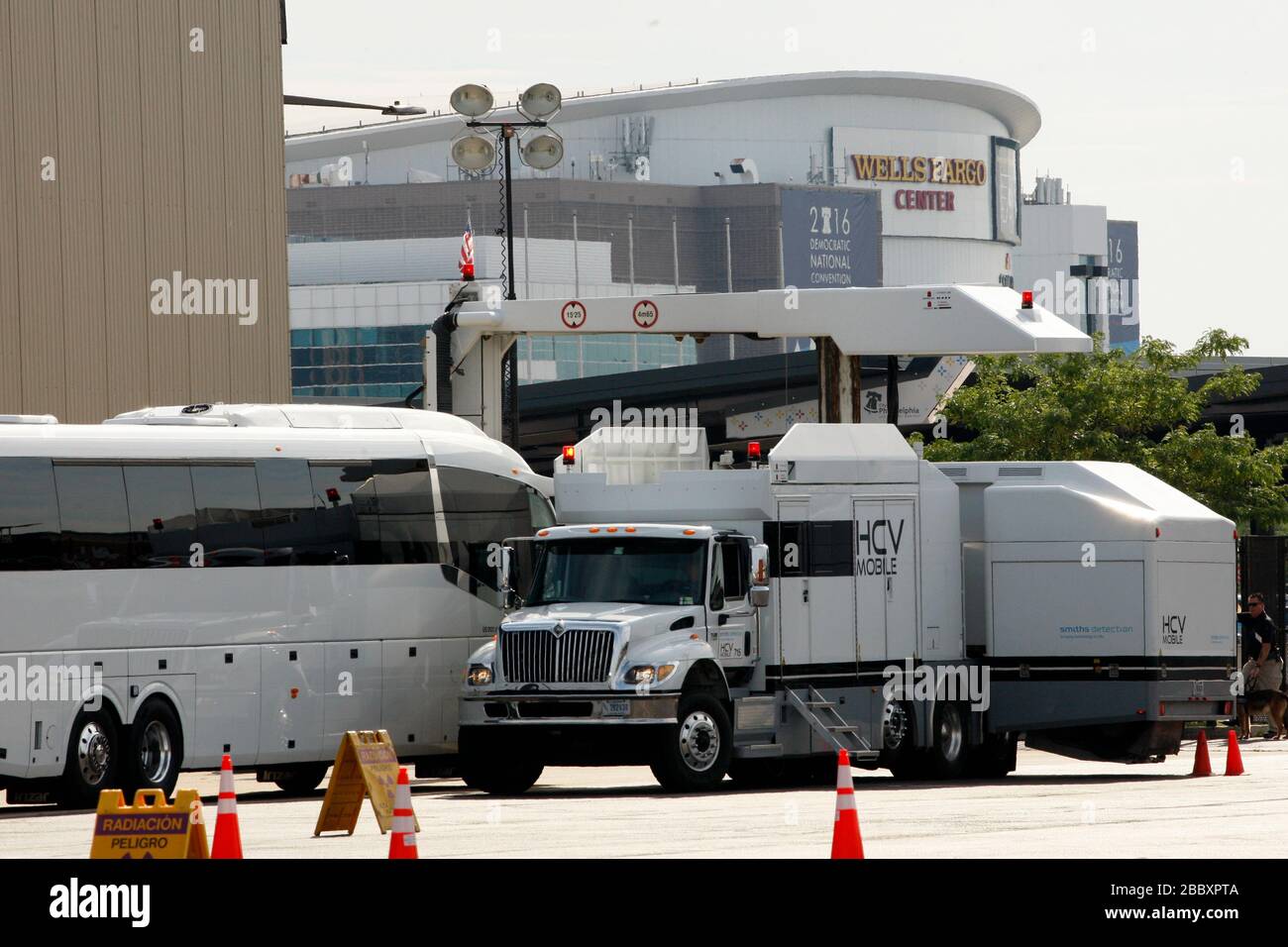 U.S. Customs and Border Protection (CBP) Office of Field Operations (OFO) officers scan delegate buses entering the Democratic National Convention security zone in Philadelphia on July 24, 2016. Stock Photo