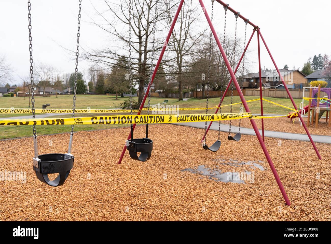 Canadian public warnings posted at school playgrounds during Covid-19 lockdown in  Maple Ridge, British Columbia on April 1st 2020 Stock Photo
