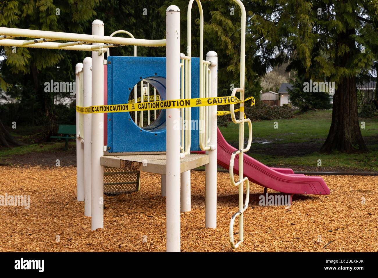 Canadian public warnings posted at school playgrounds during Covid-19 lockdown in  Maple Ridge, British Columbia on April 1st 2020 Stock Photo