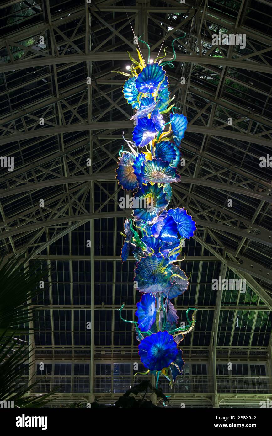 Temperate House Persians Chandelier Chihuly Nights Reflections on Nature Colourful Bright Display Event Winter 2019 at Kew Gardens, Richmond, London Stock Photo