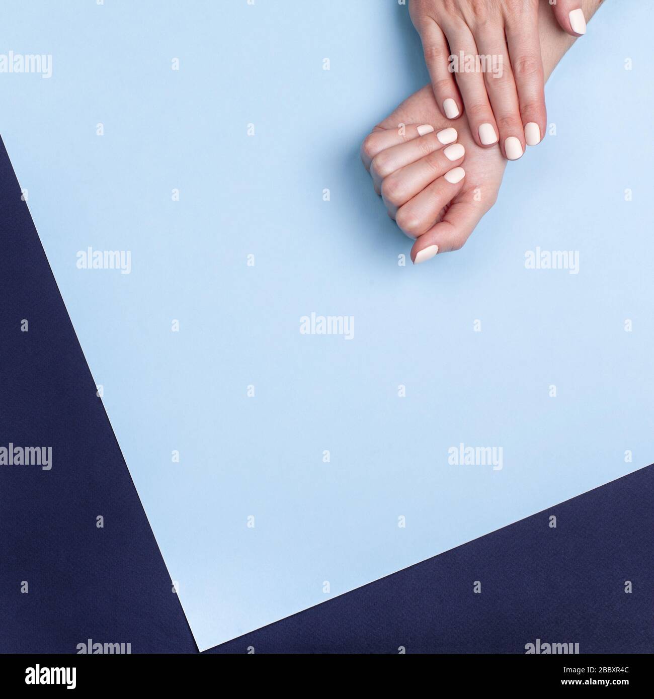 Beautiful female hands with a classic matte manicure on a blue background. Place for your text. Stock Photo