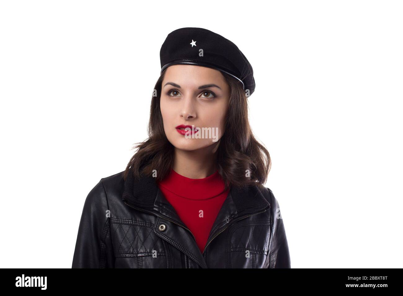 Young woman black jacket and hat with a reference to Ernesto Che Guevara on  a white background Stock Photo - Alamy