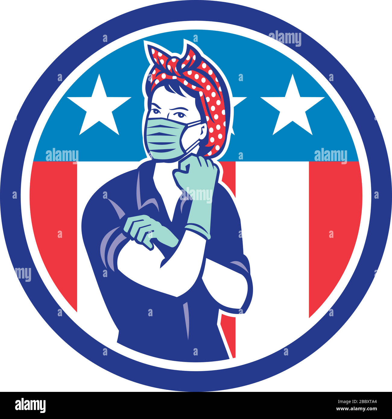 Mascot illustration of Rosie, the riveter, as medical healthcare essential worker wearing a surgical mask and gloves with USA stars and stripes flag s Stock Vector
