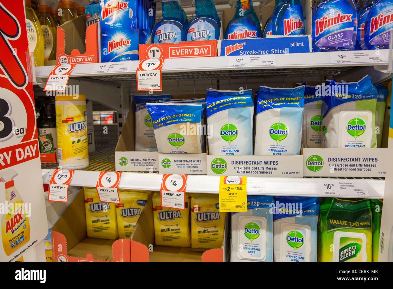 Dettol and ajax disinfectant wipes and cleaning materials i nan australian supermarket Stock Photo