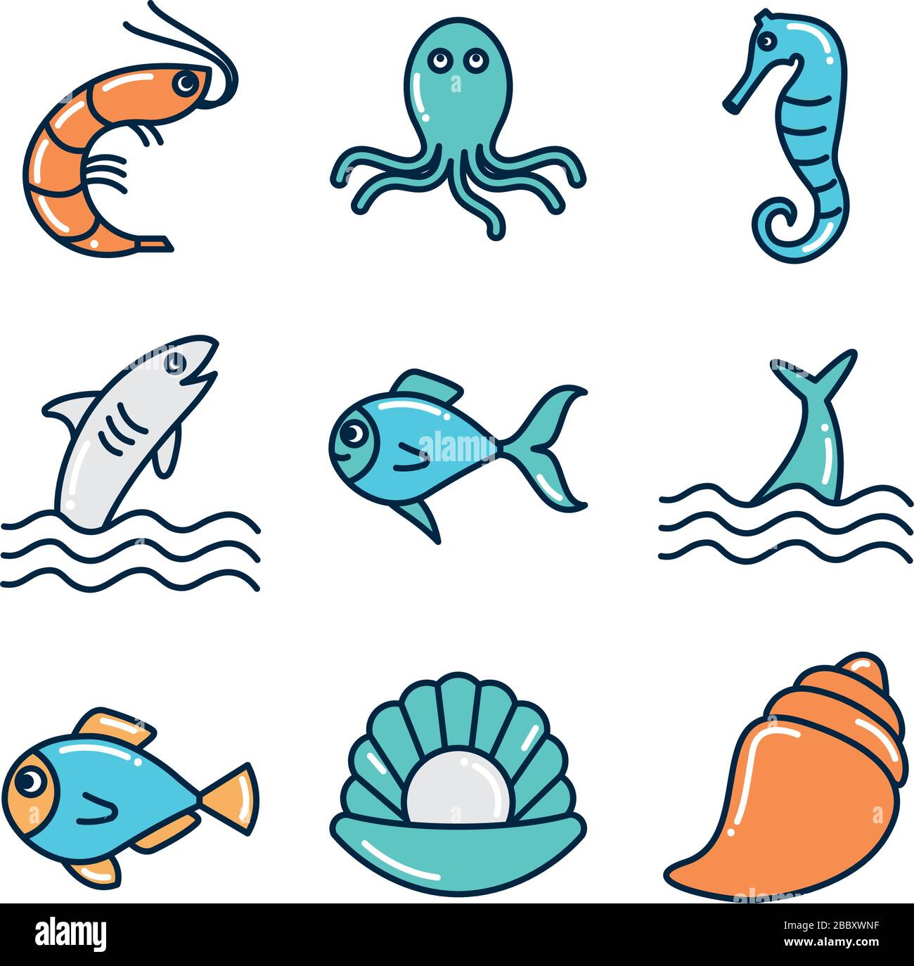 fill style icon set design Sea animals life ecosystem fauna ocean ...