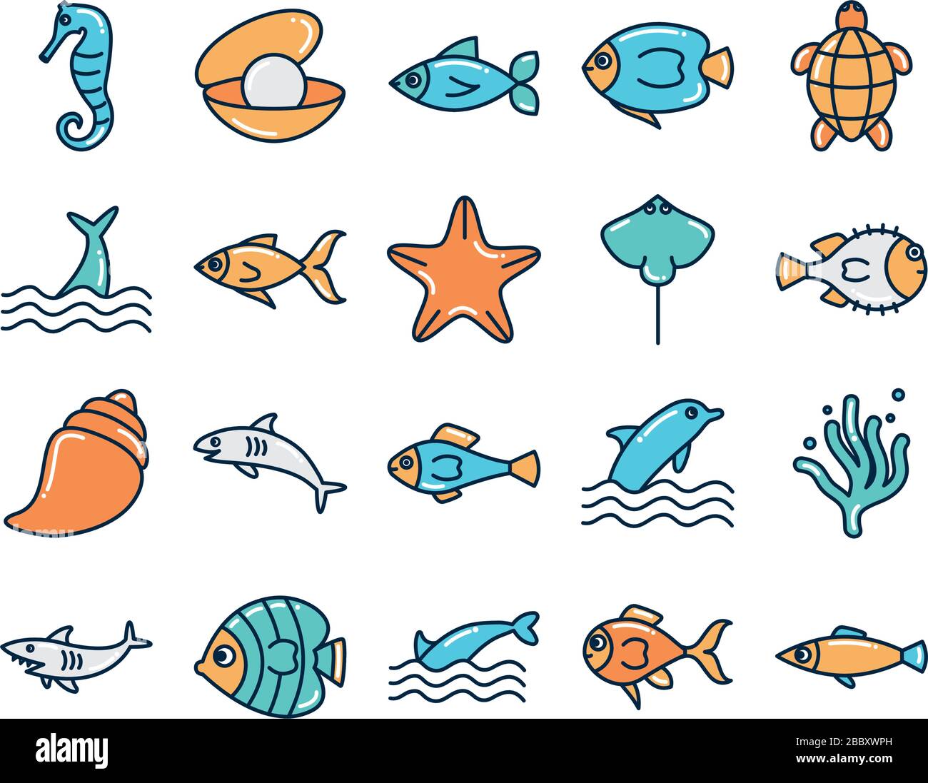 fill style icon set design Sea animals life ecosystem fauna ocean ...
