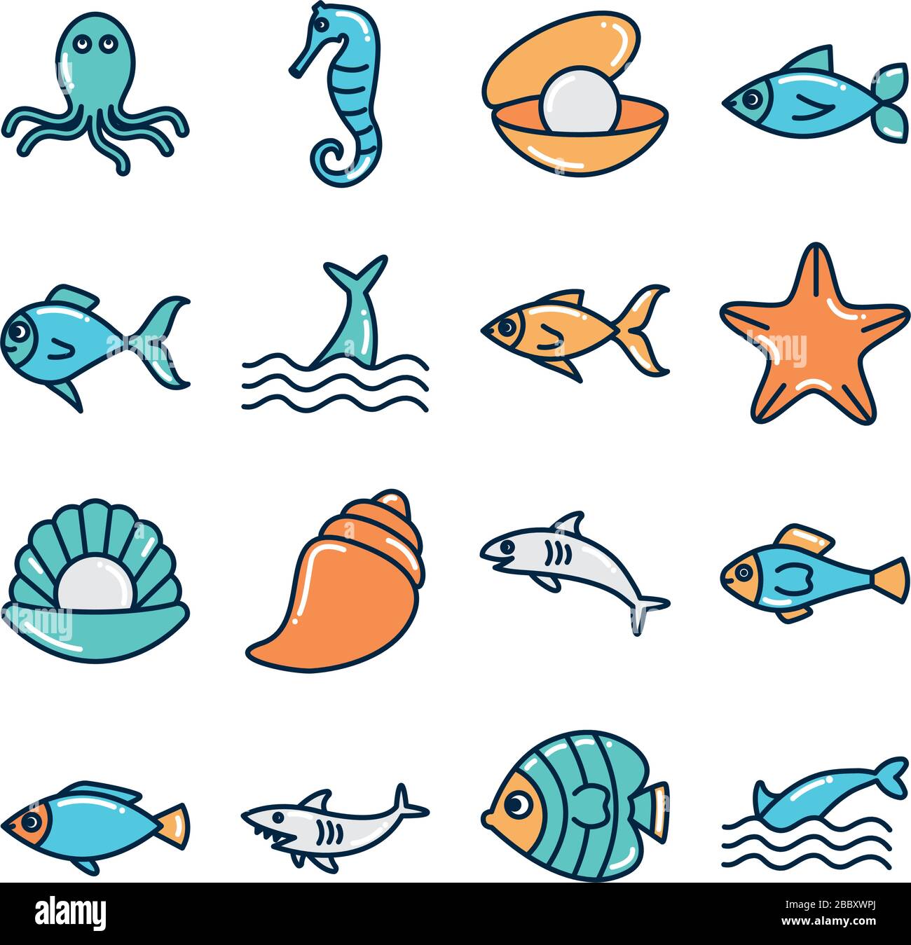 fill style icon set design Sea animals life ecosystem fauna ocean ...