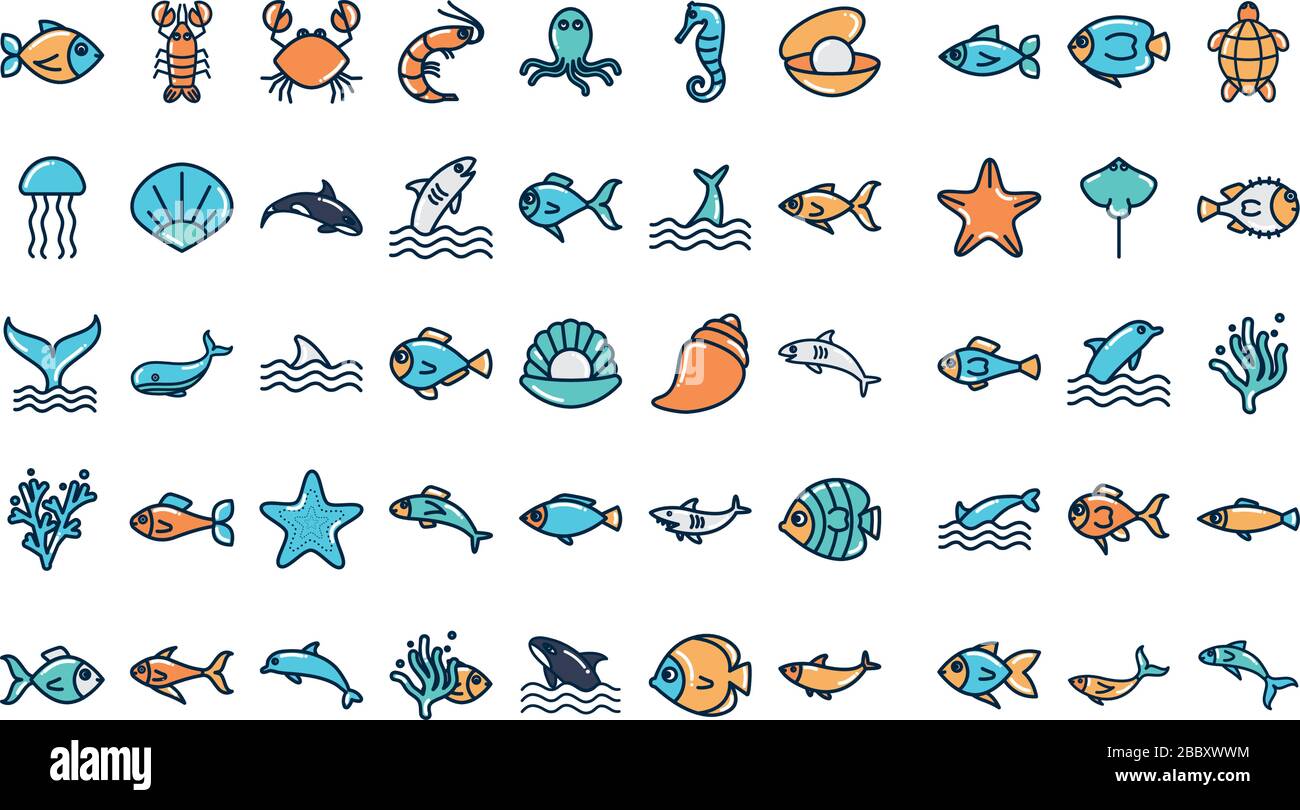 fill style icon set design Sea animals life ecosystem fauna ocean ...