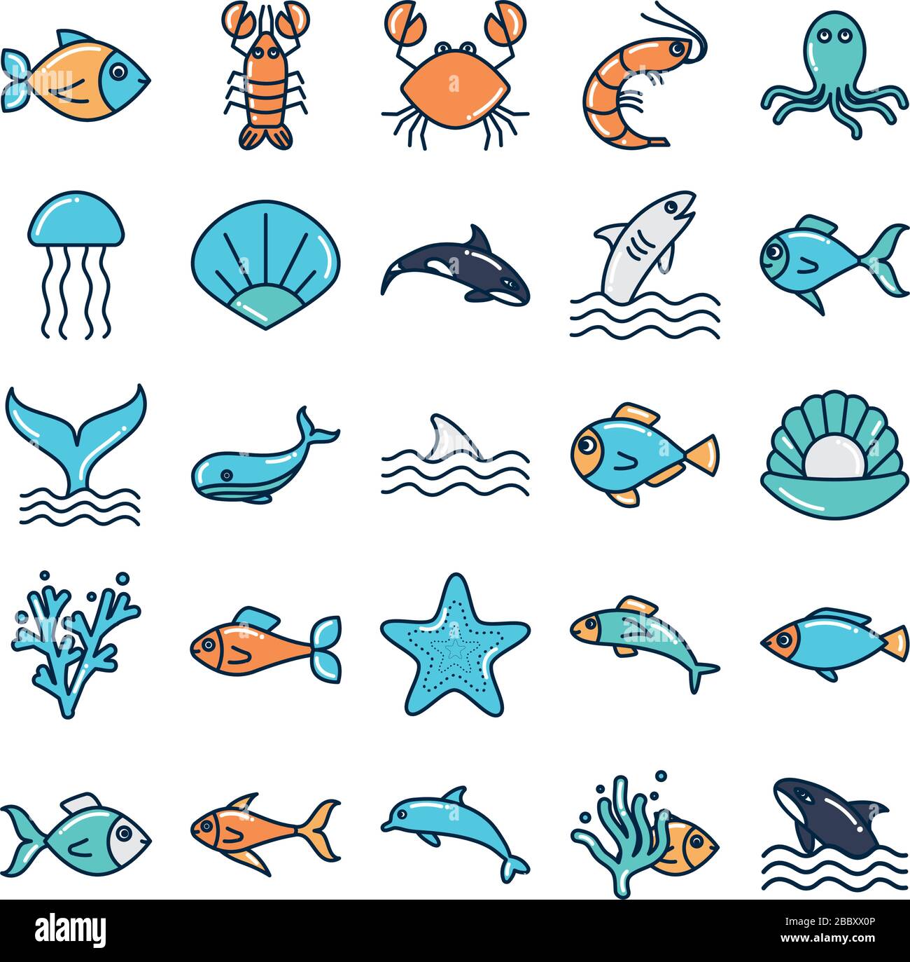 fill style icon set design Sea animals life ecosystem fauna ocean ...
