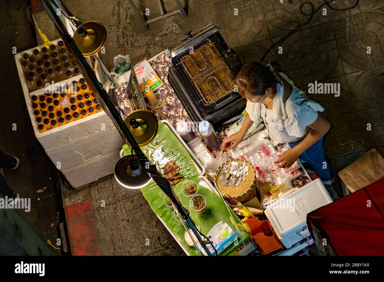 SAMUT PRAKAN, THAILAND, OCT 24 2019, Woman sell grilled meat on ...