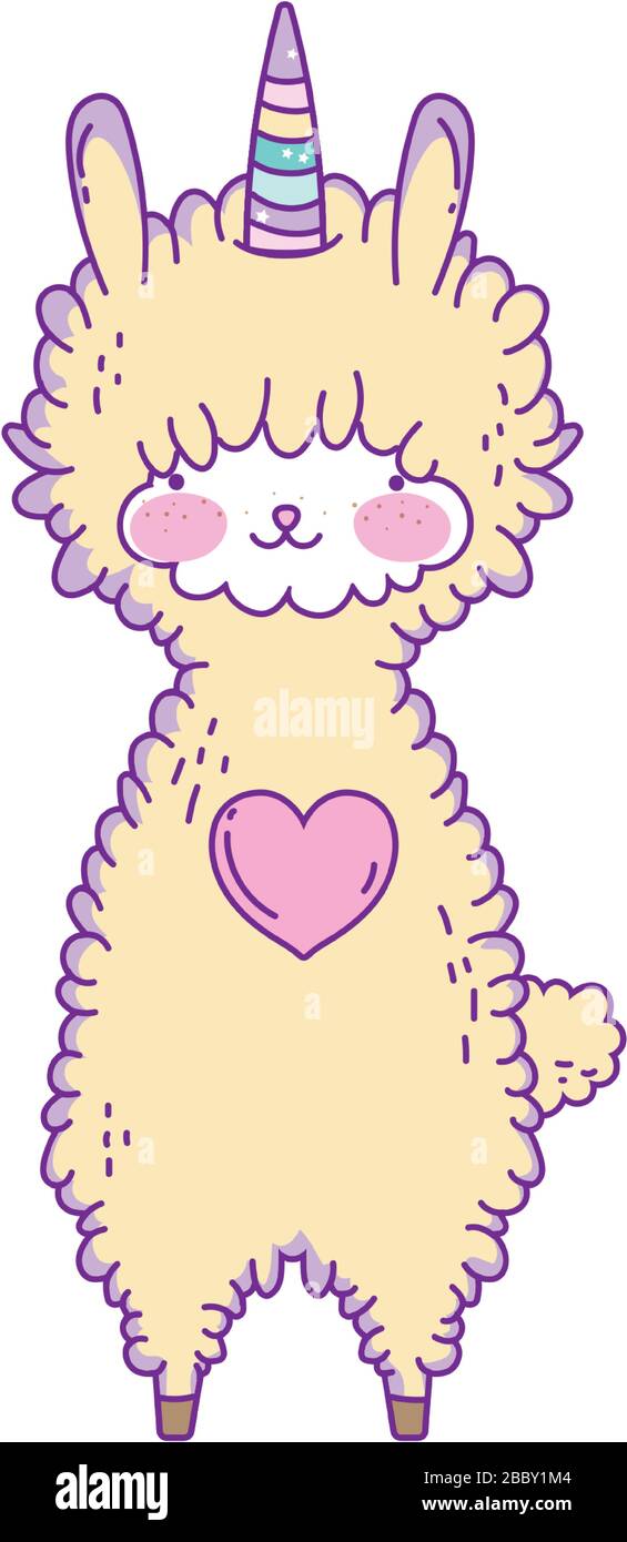llama unicorn cartoon design, Kawaii expression cute character funny