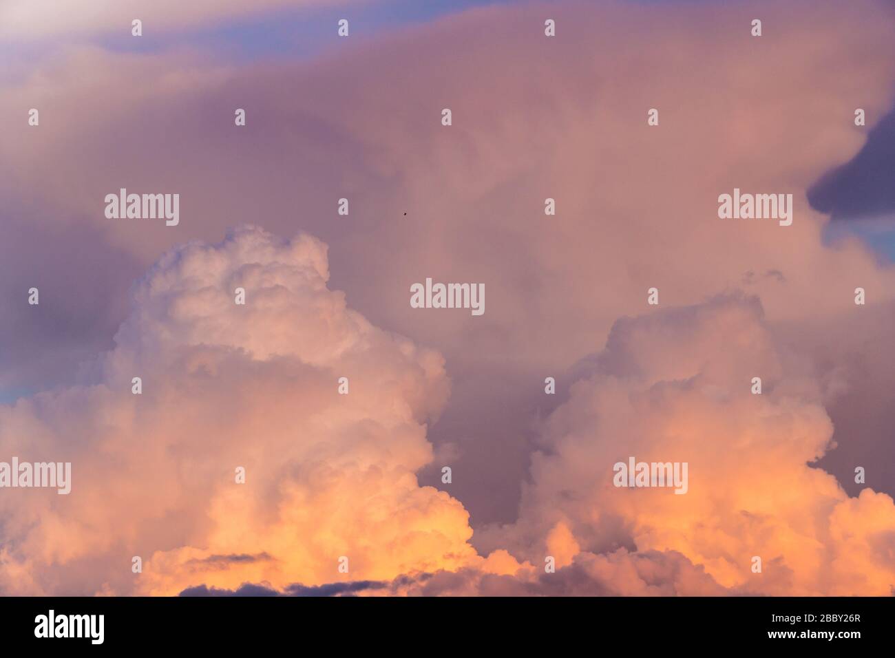 Cumulus fluffy puffy cloudscape high in the air of heaven atmosphere, cloudy weather climate meteorology background. Stock Photo
