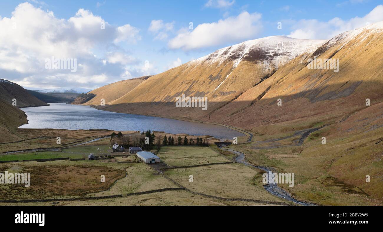 Talla reservoir in the afternoon late winter light. Scottish borders. Scotland. Panoramic Stock Photo