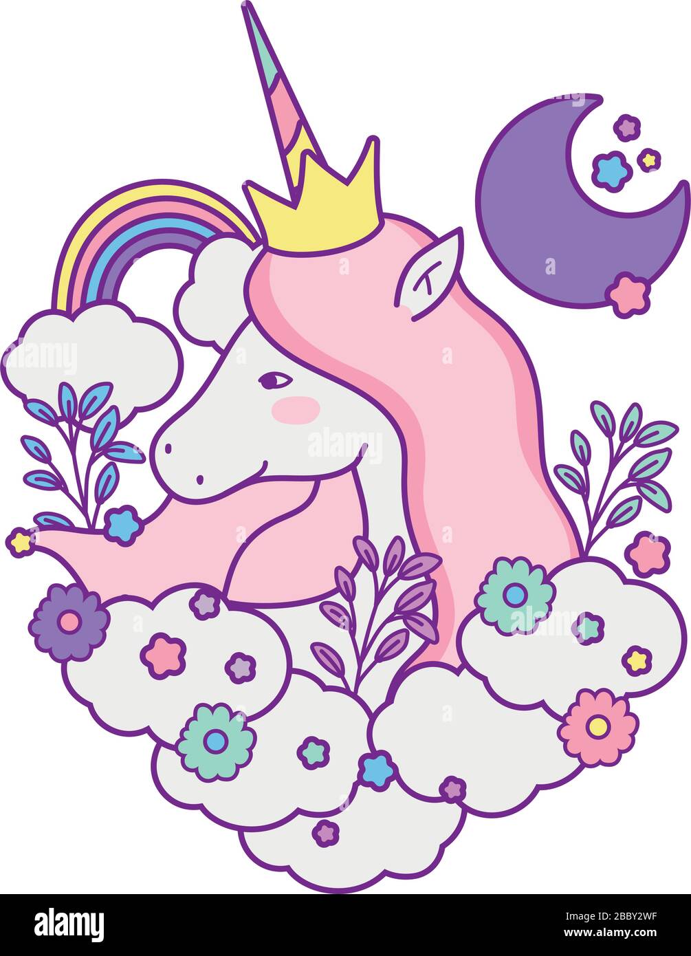 unicorn horse cartoon with flowers and clouds design, magic fantasy ...