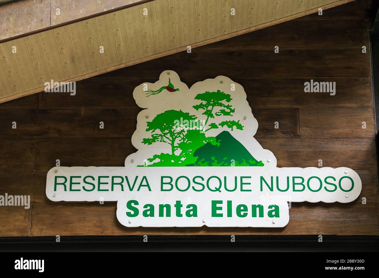 Entrance sign on the ranger station at the Santa Elena Cloud Forest Reserve in Monteverde, Costa Rica. Stock Photo
