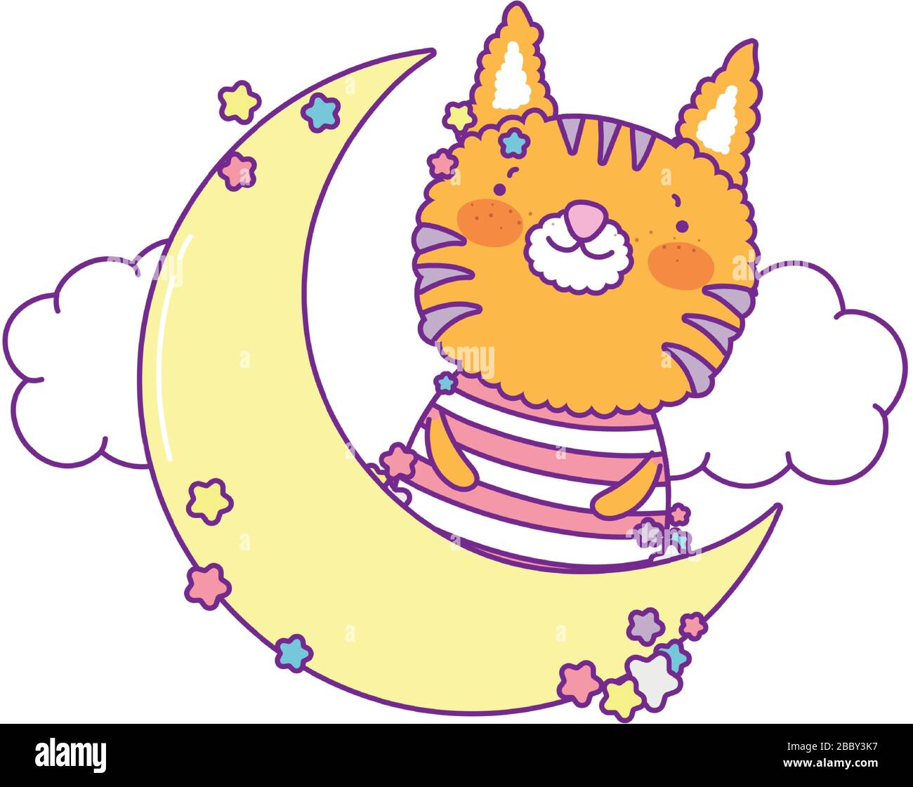 Cute cat cartoon with moon and clouds design, Animal zoo life nature ...