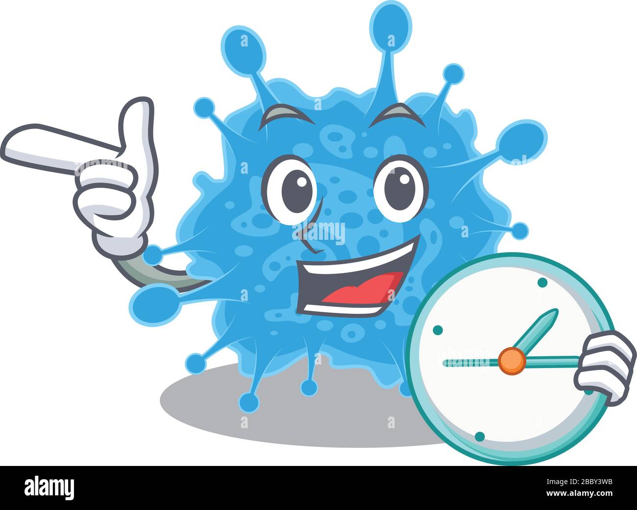 andecovirus mascot design concept smiling with clock Stock Vector