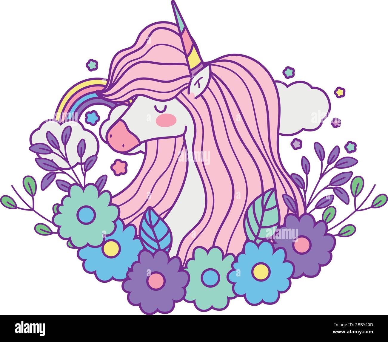 unicorn horse cartoon with flowers and clouds design, magic fantasy ...
