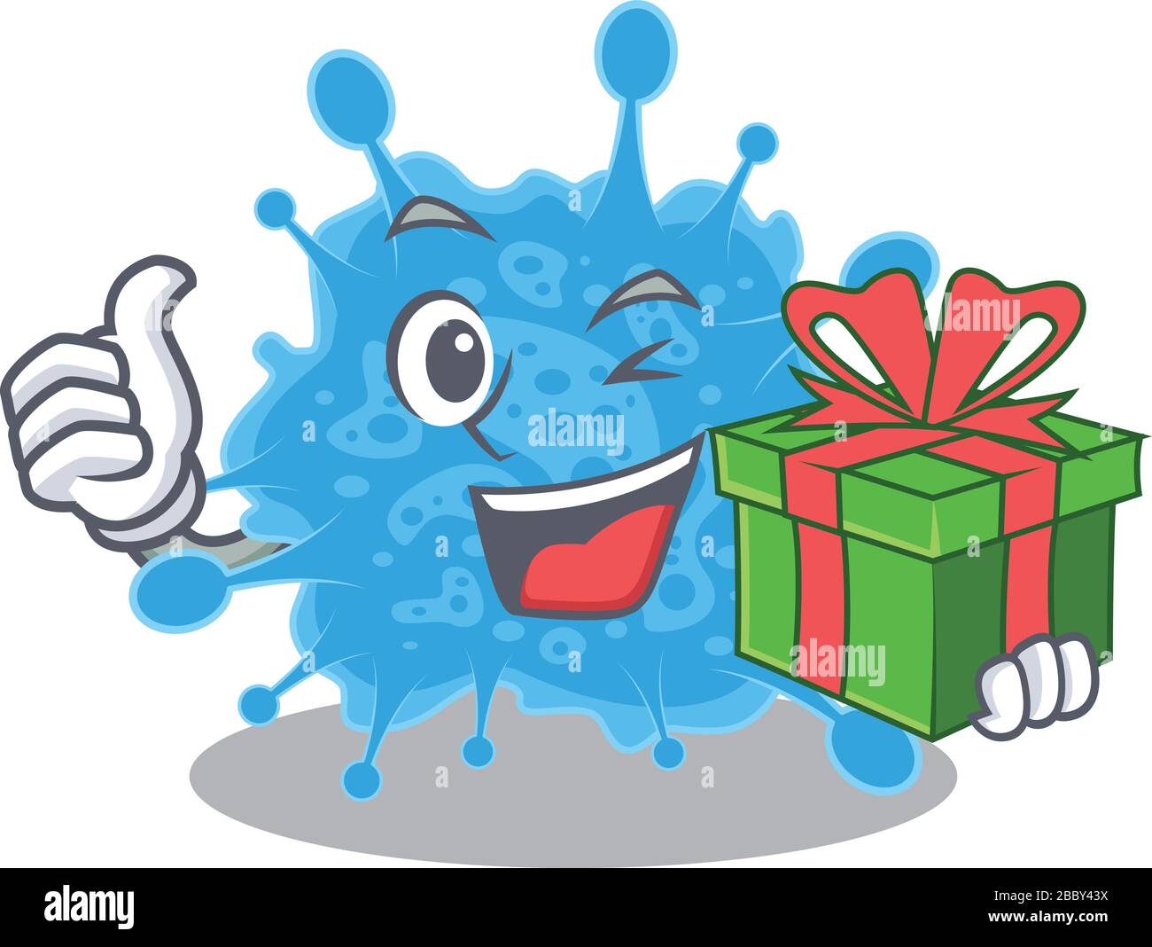 Smiling andecovirus cartoon character having a green gift box Stock Vector