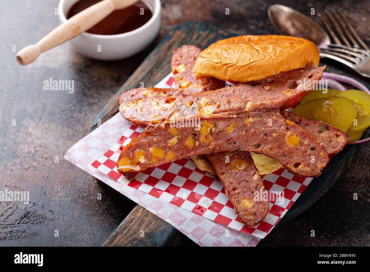 Sandwich with cheesy sausage links Stock Photo