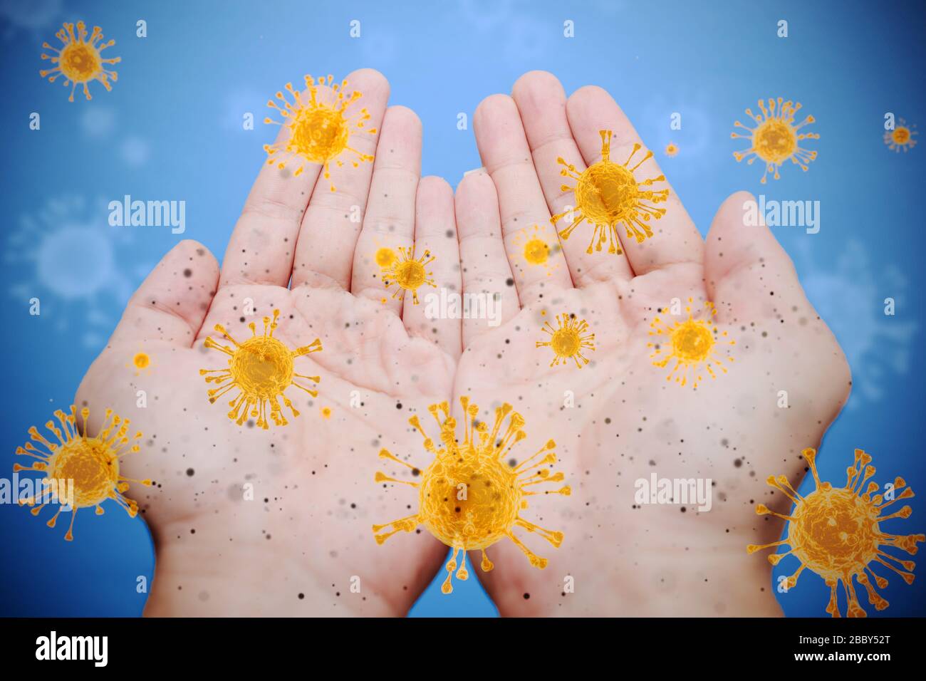 dirty hand cover with corona virus(Covid-19) bacteria germ need to clean with alcohol gel concept. Stock Photo