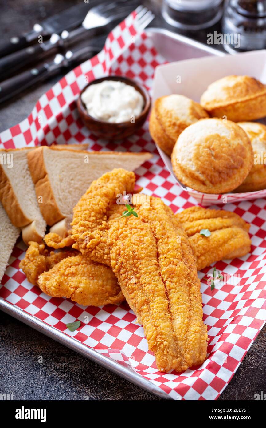 Fried catfish with cornbread Stock Photo