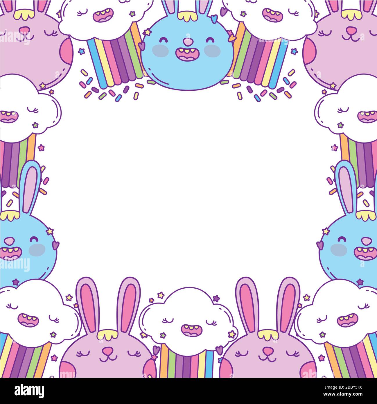 rabbits and clouds cartoons frame design, Kawaii expression cute ...