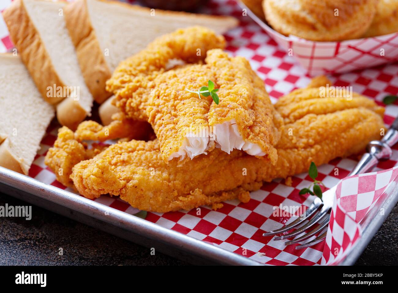 Fried catfish with cornbread Stock Photo