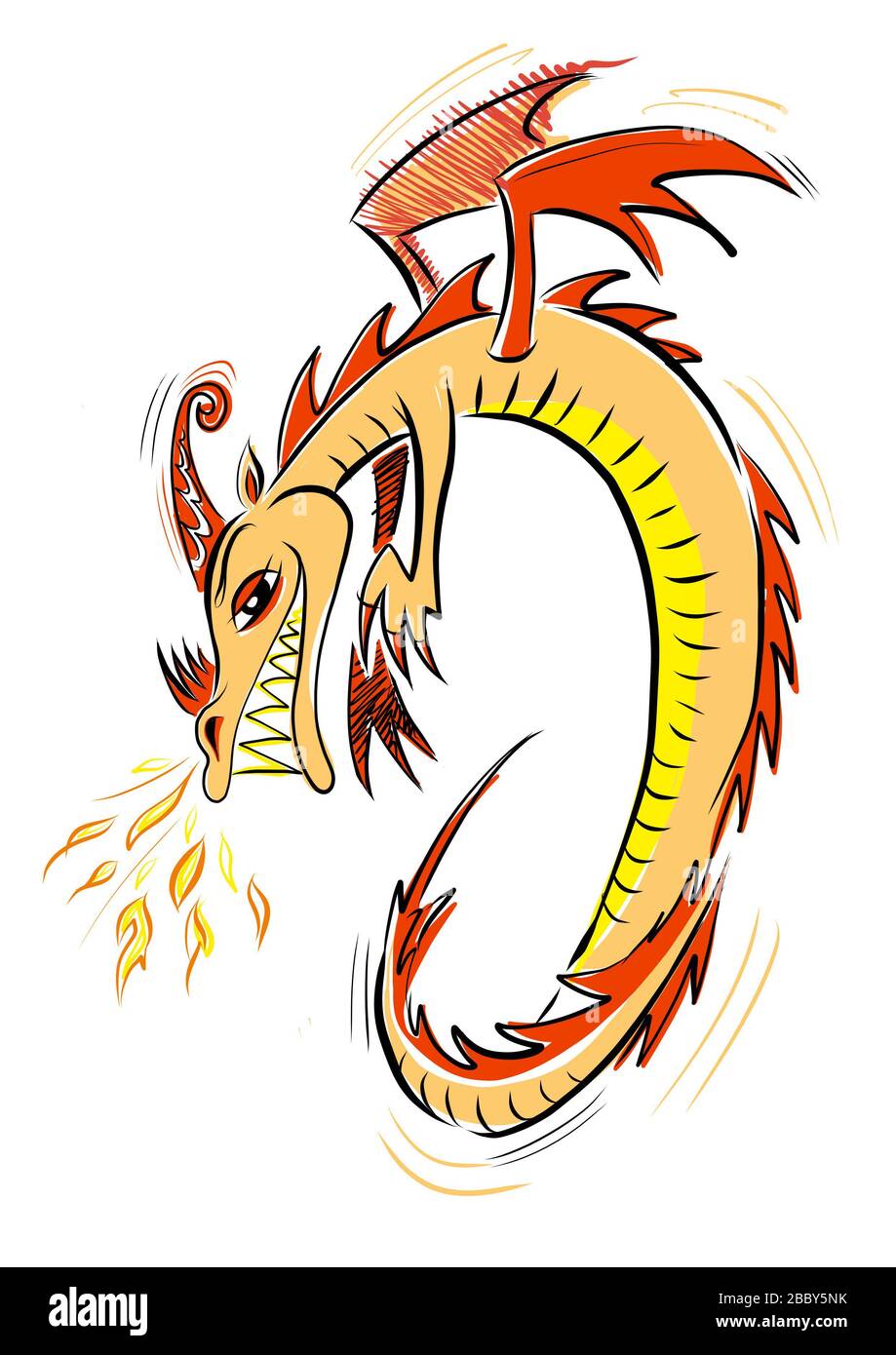 Cartoon illustration of a red and gold dragon breathing gold fire. Serpent like and represents the Chinese astrology sign of the dragon, serpent Stock Photo